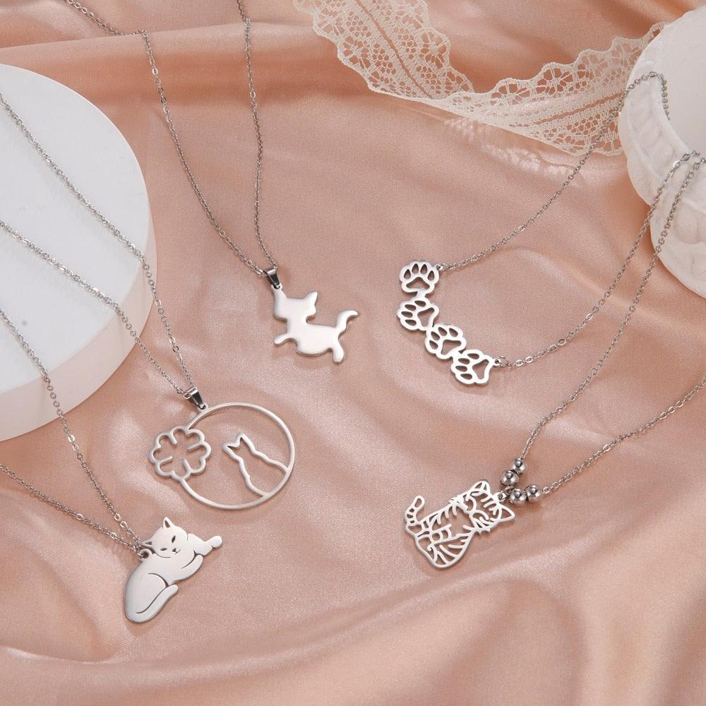 14 various Stainless Steel Cat Necklaces - Just Cats - Gifts for Cat Lovers