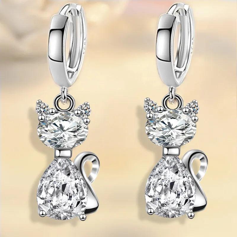925 Sterlig Silver Zircon Cat Hoop Drop Earrings White/Pink/Blue - Just Cats - Gifts for Cat Lovers