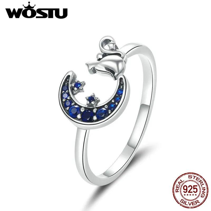 925 Sterling Silver Blue Zircon cat Moon and Stars Ring, Adjustable - Just Cats - Gifts for Cat Lovers