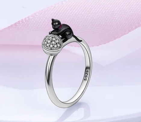 925 Sterling Silver Cat Playing with Ball Ring - Just Cats - Gifts for Cat Lovers