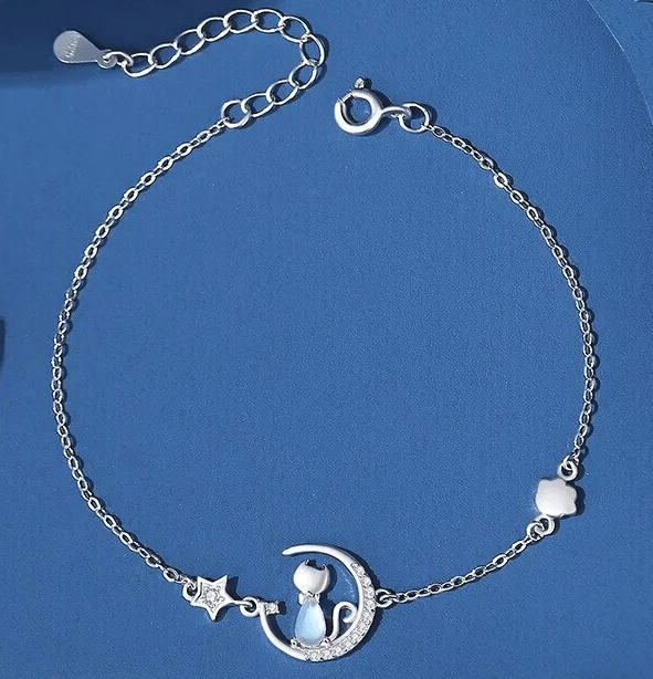 925 Sterling Silver Moonstone Cat Chain Bracelet - Just Cats - Gifts for Cat Lovers