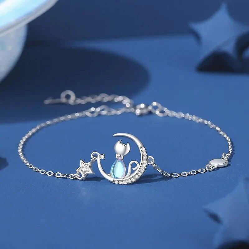 925 Sterling Silver Moonstone Cat Chain Bracelet - Just Cats - Gifts for Cat Lovers