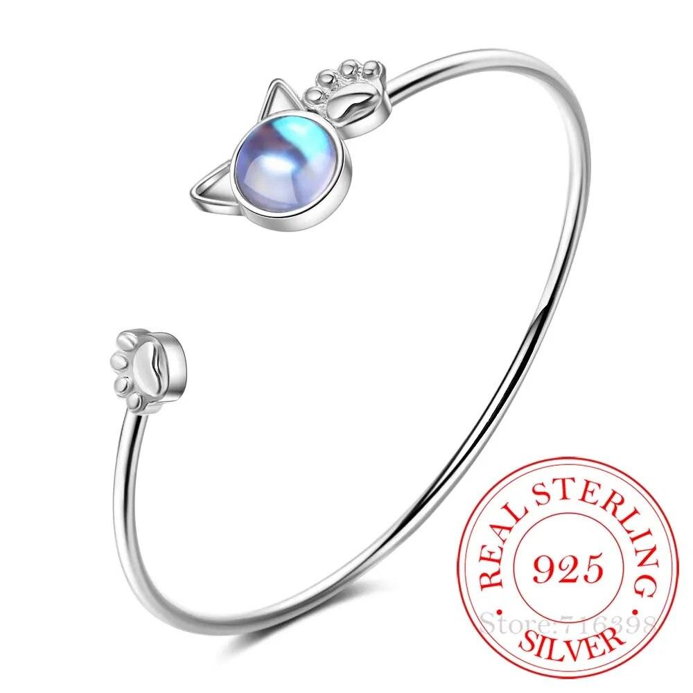925 Sterling Silver Moonstone Cat Ear Bangle Bracelet, Silver - Just Cats - Gifts for Cat Lovers