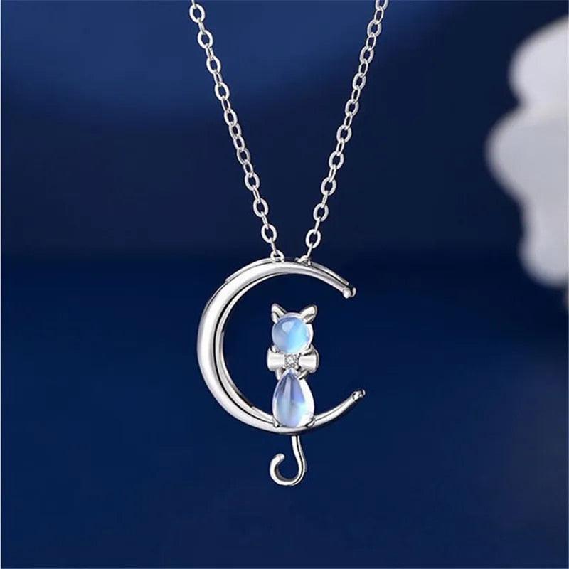 925 Sterling Silver, Moonstone Cat Pendant Necklace - Just Cats - Gifts for Cat Lovers