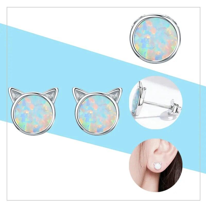 925 Sterling Silver Opal Stud Cat Earrings - Just Cats - Gifts for Cat Lovers