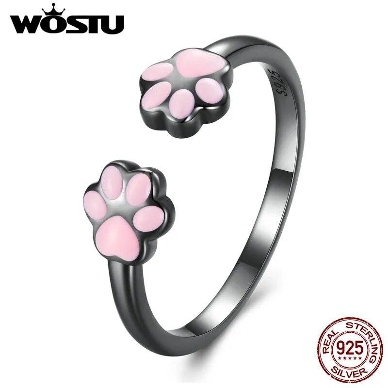 925 Sterling Silver Pink Paw Ring, Dark Silver and Pink, Adjustable - Just Cats - Gifts for Cat Lovers