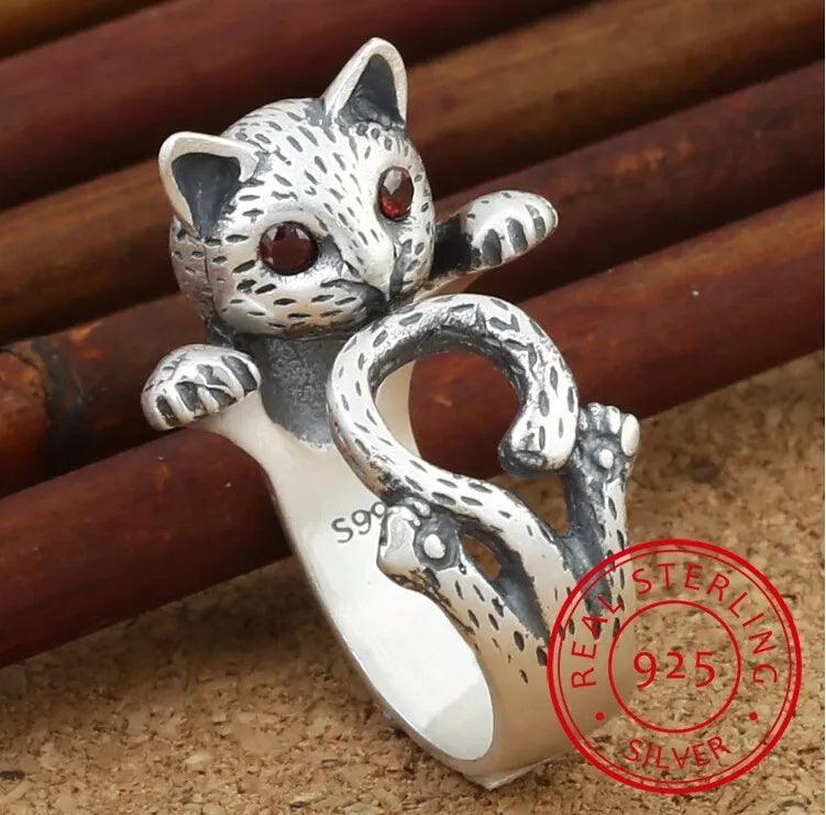 925 Sterling Silver Retro Style Ring Cat with Red Eyes, Adjustable - Just Cats - Gifts for Cat Lovers