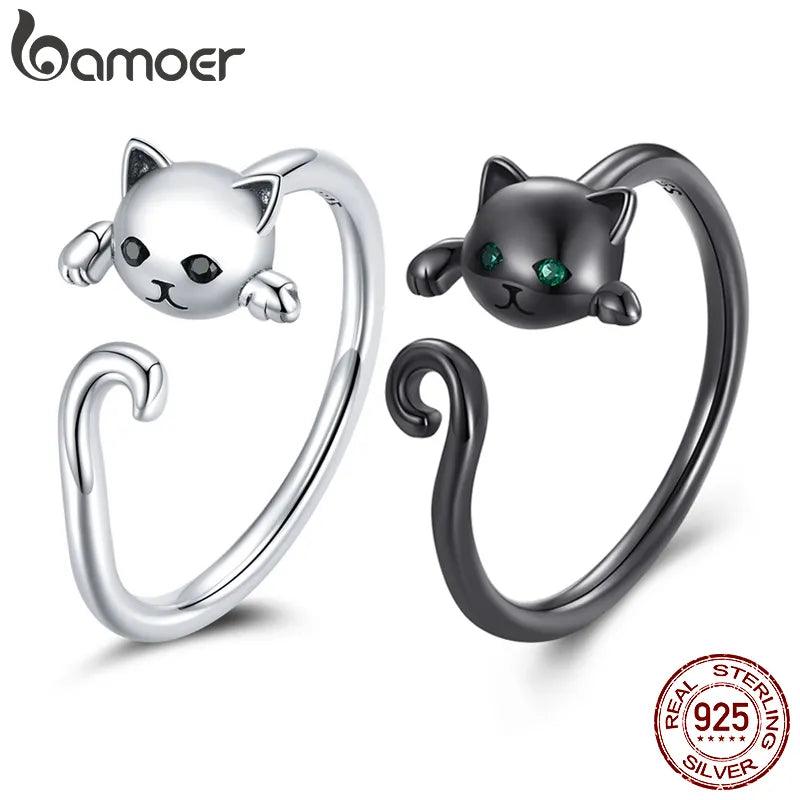 925 Sterling Silver Simple cat Rings, Black/Silver, Adjustable - Just Cats - Gifts for Cat Lovers