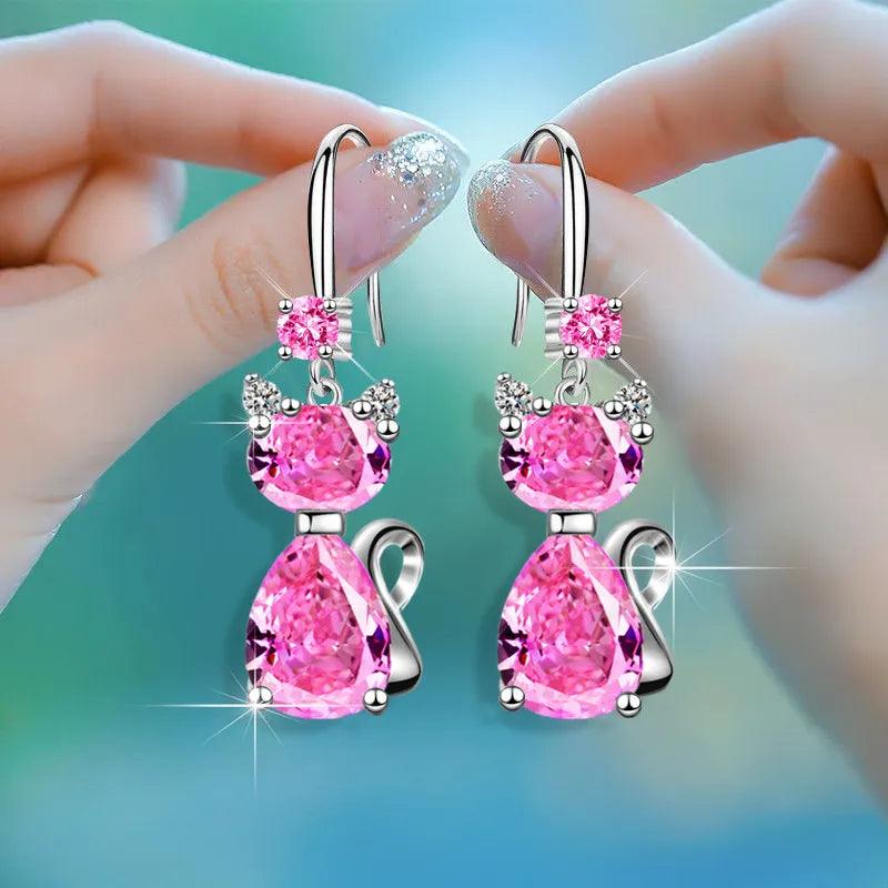 925 Sterling Silver Zircon Cat Hook Drop Earrings White/Pink/Blue - Just Cats - Gifts for Cat Lovers