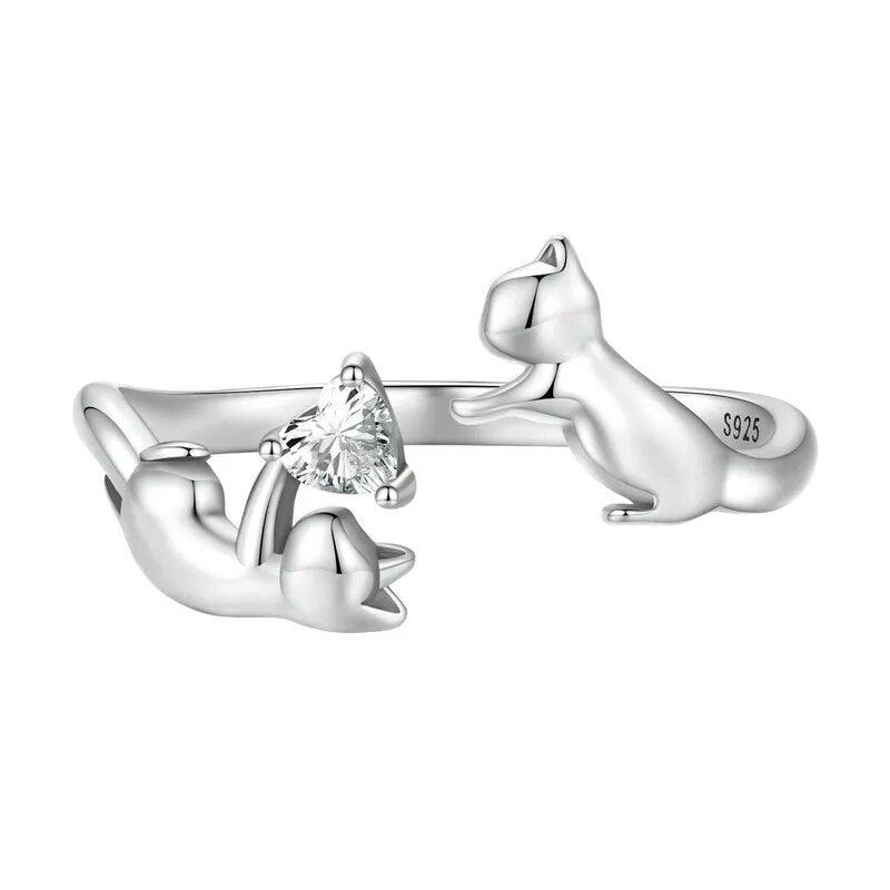 925 Sterling Silver Zircon Cats Playing, Adjustable - Just Cats - Gifts for Cat Lovers