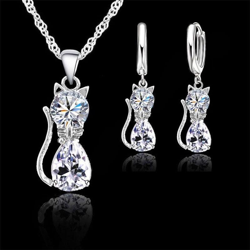 925 Sterling Silver Zirconia pendant necklace and hoop earrings set, 7 colors - Just Cats - Gifts for Cat Lovers