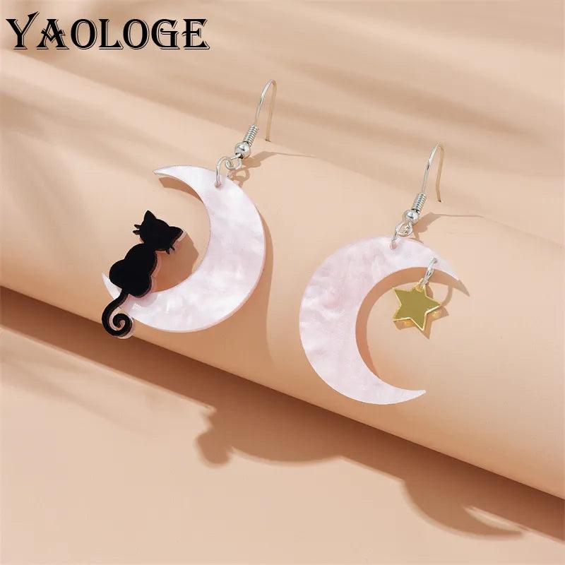 Acrylic Black Cat Crescent Moon Drop Earrings, 3 Colors - Just Cats - Gifts for Cat Lovers