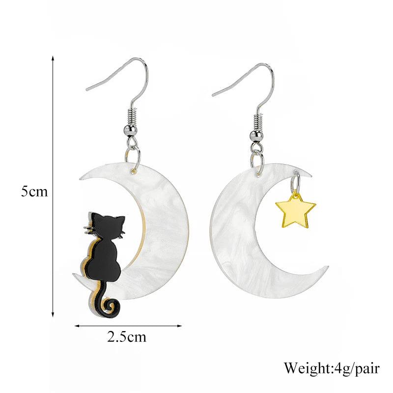 Acrylic Black Cat Crescent Moon Drop Earrings, 3 Colors - Just Cats - Gifts for Cat Lovers