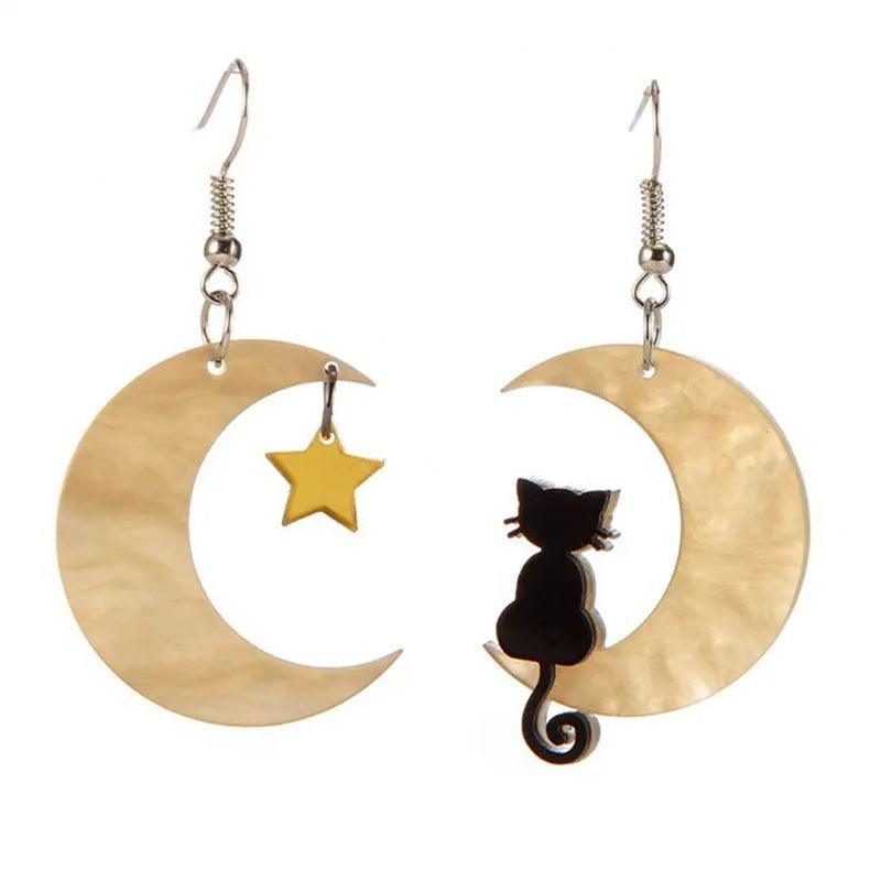 Acrylic Black Cat Crescent Moon Drop Earrings, Gold/Pink - Just Cats - Gifts for Cat Lovers