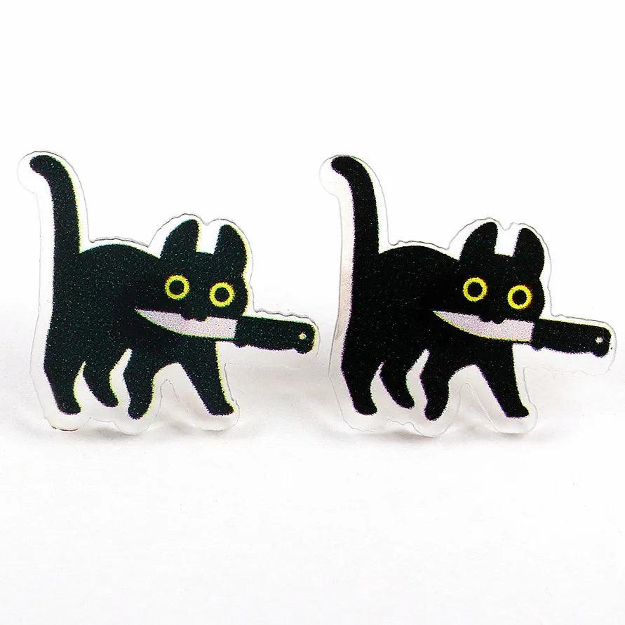 Acrylic Cat with Knife Stud Earrings - Just Cats - Gifts for Cat Lovers