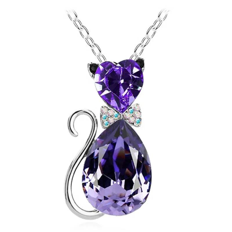 Austrian Crystal Cat Pendant Necklace, 12 colors - Just Cats - Gifts for Cat Lovers