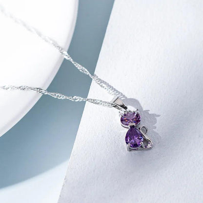 Beautiful Silver &amp; Zircon Cat Necklace, Pink, Blue, White, Purple - Just Cats - Gifts for Cat Lovers