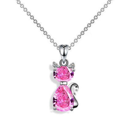 Beautiful Silver &amp; Zircon Cat Necklace, Pink, Blue, White, Purple - Just Cats - Gifts for Cat Lovers