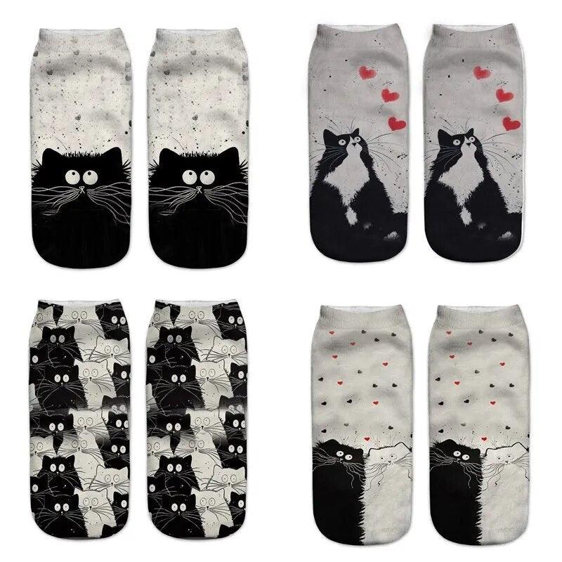 Black &amp; White Cartoon Cat Print Socks, 5 Designs - Just Cats - Gifts for Cat Lovers