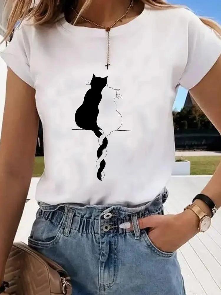 Black &amp; White Cat Printed T-Shirt, White, 7 Designs, S-4XL - Just Cats - Gifts for Cat Lovers