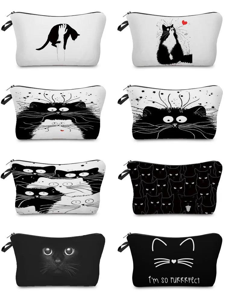 Black And White Cat Printed Travel Pouch/Cosmetic bag, 15 Designs - Just Cats - Gifts for Cat Lovers