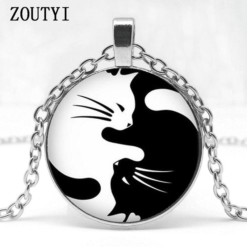 Black and White Glass Pendant Necklace - Just Cats - Gifts for Cat Lovers