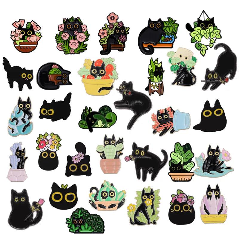 Black Cat And Plants Pin, 30 Designs - Just Cats - Gifts for Cat Lovers