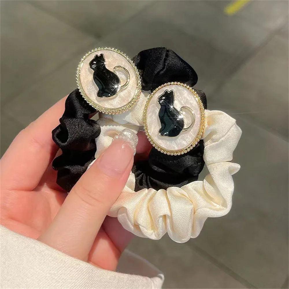 Black Cat Cameo Scrunchie, Black/White, Minimum order 2Pcs - Just Cats - Gifts for Cat Lovers