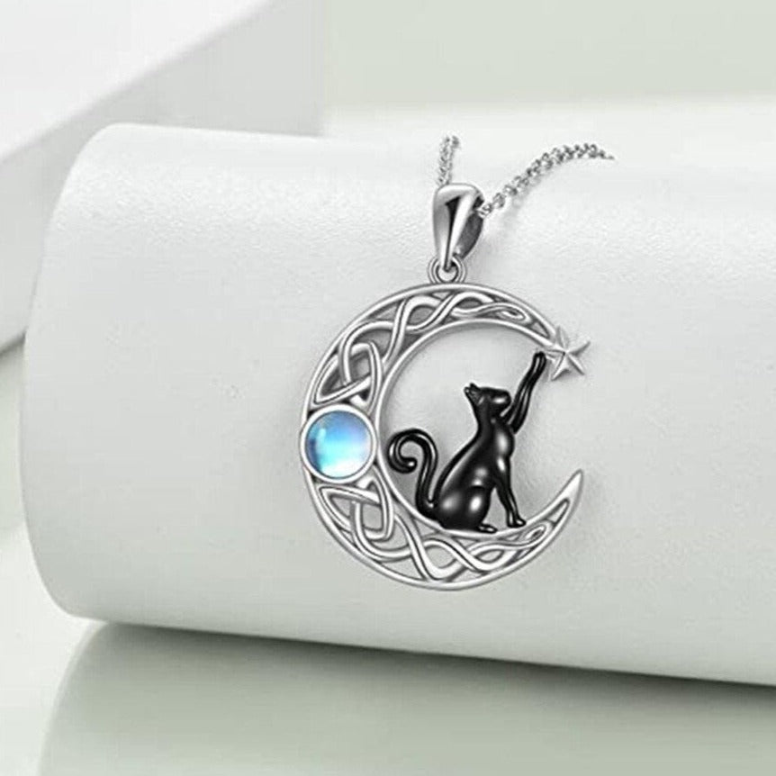 Black Cat Celtic Moon Pendant Necklace - Just Cats - Gifts for Cat Lovers