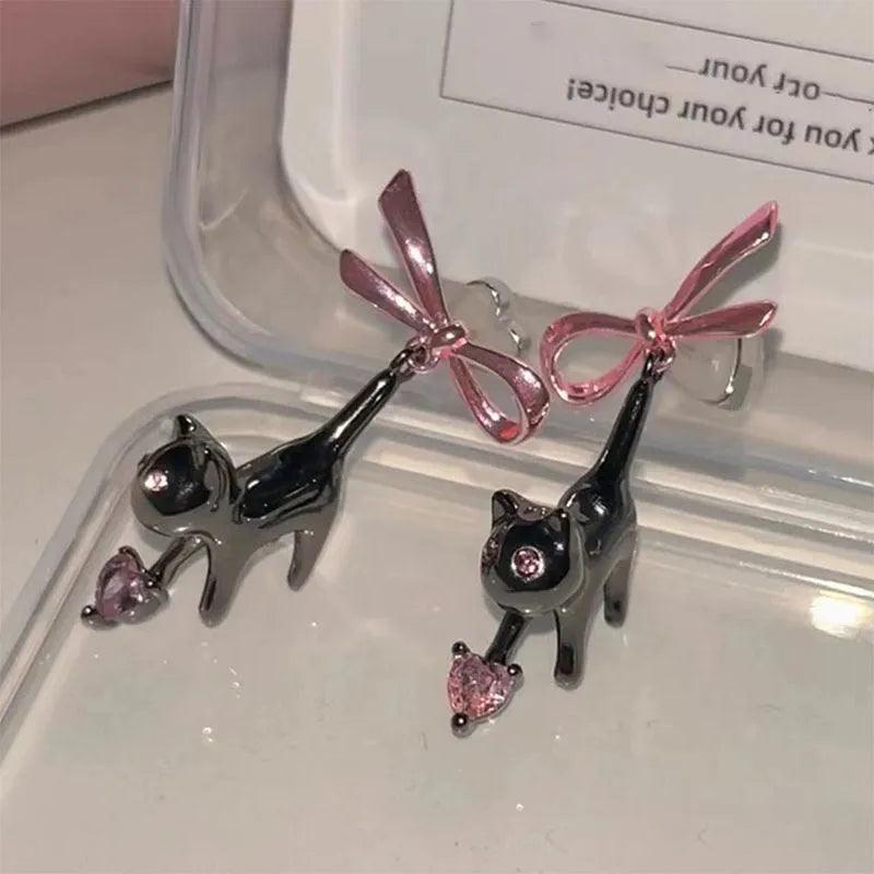 Black Cat Pink Bow &amp; Rhinestone Heart Drop Earrings and Other various Styles - Just Cats - Gifts for Cat Lovers