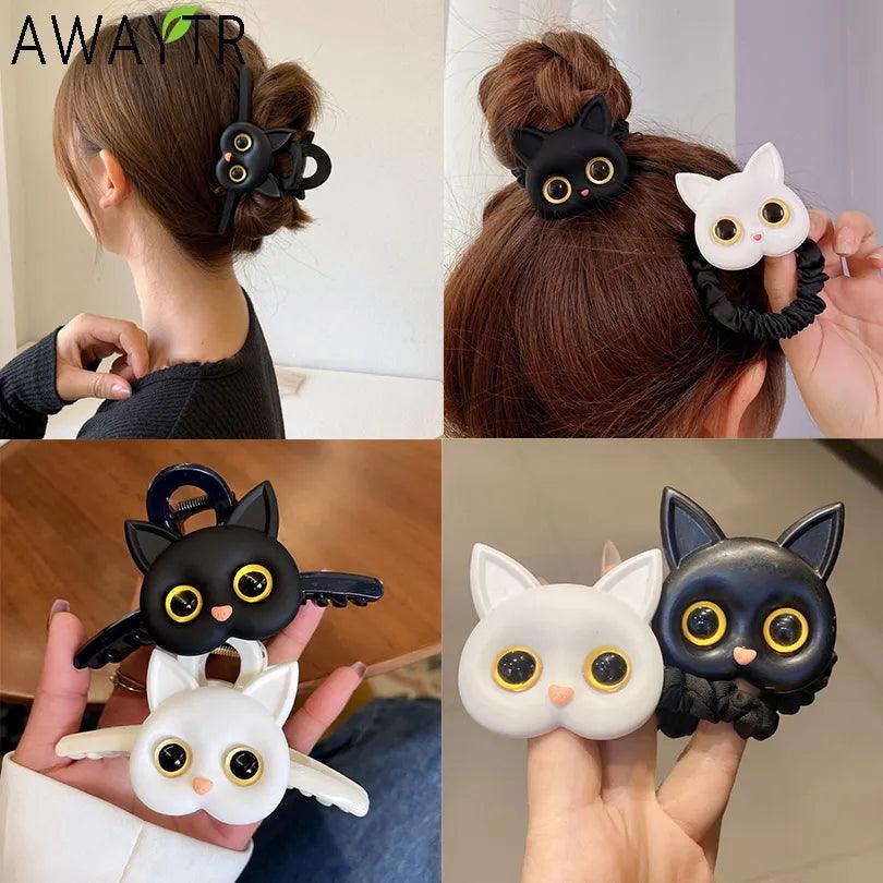 Black/White Cat Face Claw Hairclips and Scruhchies, 9 Variations, Minimum order 2Pcs - Just Cats - Gifts for Cat Lovers