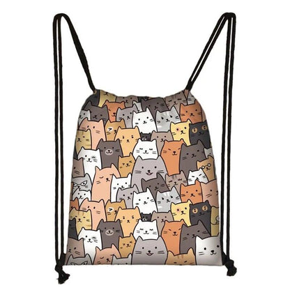 Cartoon Cat Printed Drawstring Backpack, 13 Designs - Just Cats - Gifts for Cat Lovers