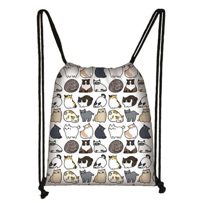 Cartoon Cat Printed Drawstring Backpack, 13 Designs - Just Cats - Gifts for Cat Lovers