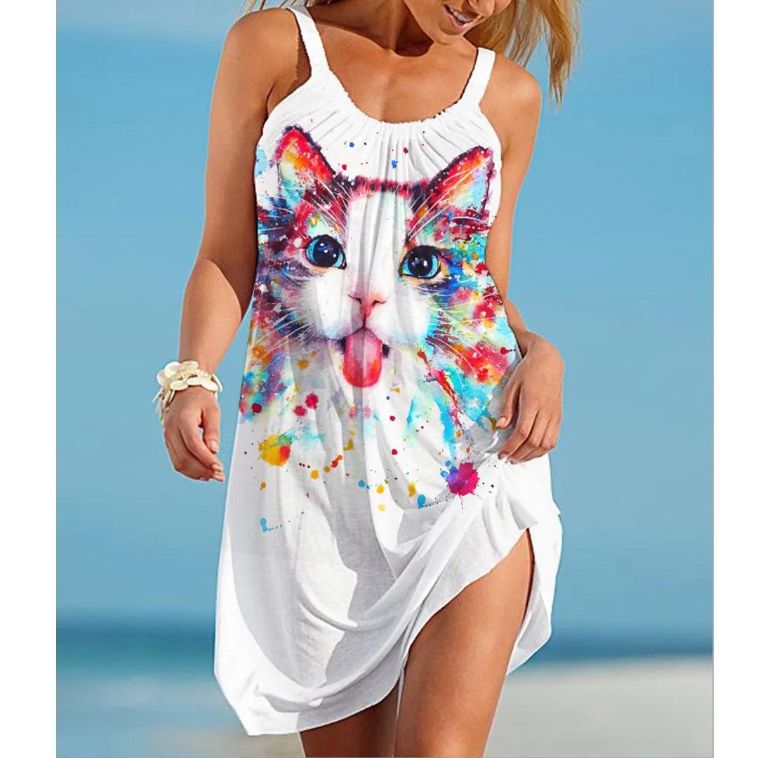 Cartoon Cat Printed Summer Dresses, 5 Design, S-5XL - Just Cats - Gifts for Cat Lovers