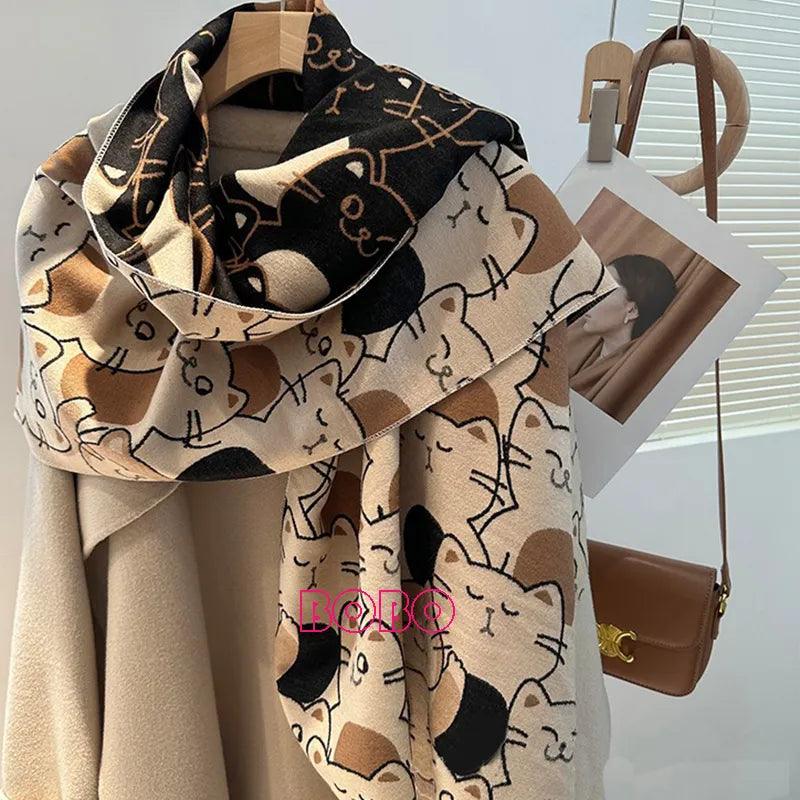 Cartoon cat Ywo-Sided Winter Shawl Scarf - Just Cats - Gifts for Cat Lovers