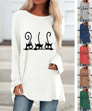 Casual Cat Trio Oversize Long Sleeve Top, 7 Colors, S-5XL - Just Cats - Gifts for Cat Lovers