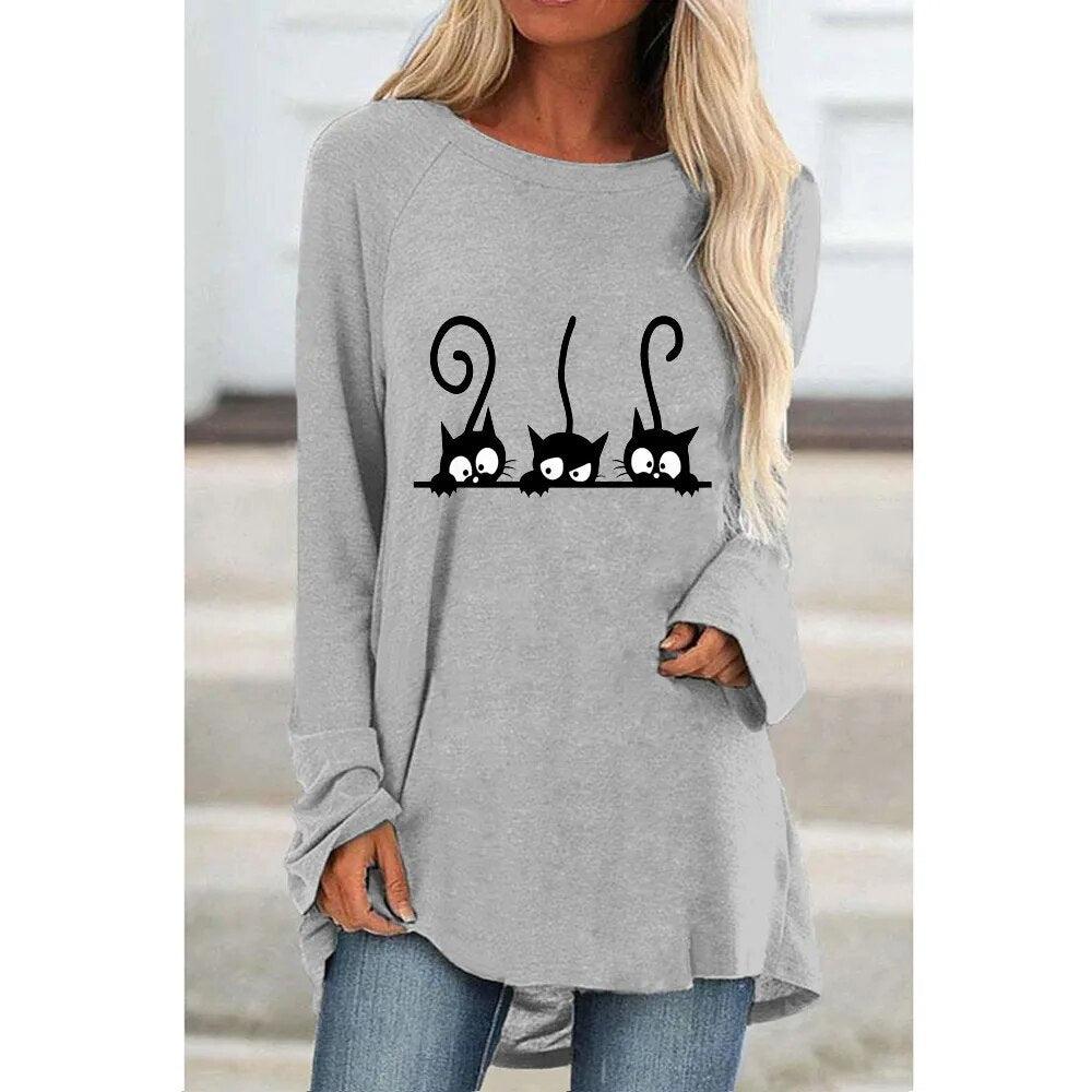 Casual Cat Trio Oversize Long Sleeve Top, 7 Colors, S-5XL - Just Cats - Gifts for Cat Lovers