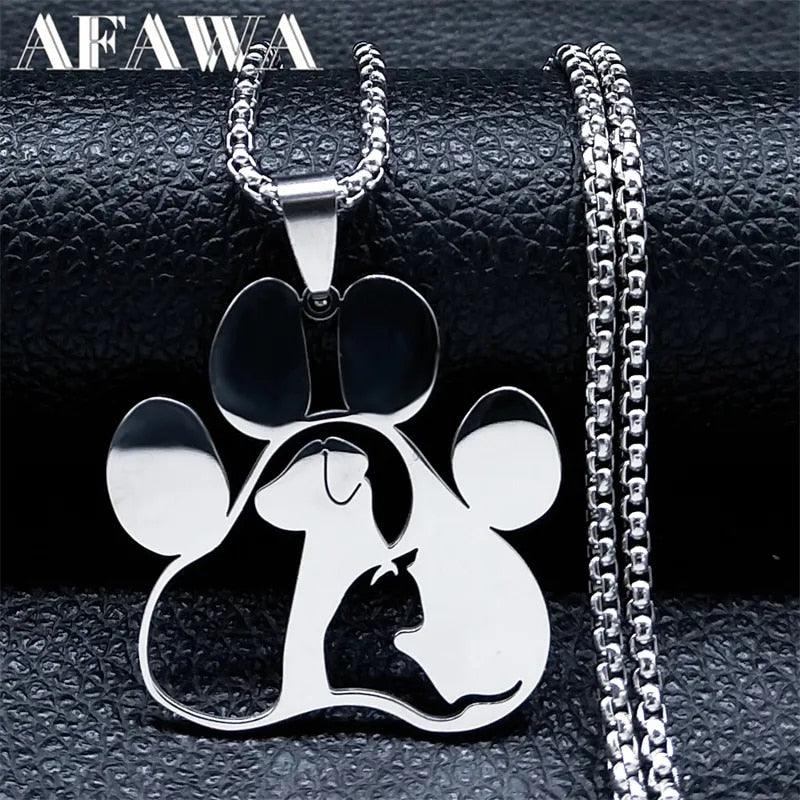Cat &amp; Dog in Paw Stainless Steel Necklace Silver/Gold/Black - Just Cats - Gifts for Cat Lovers