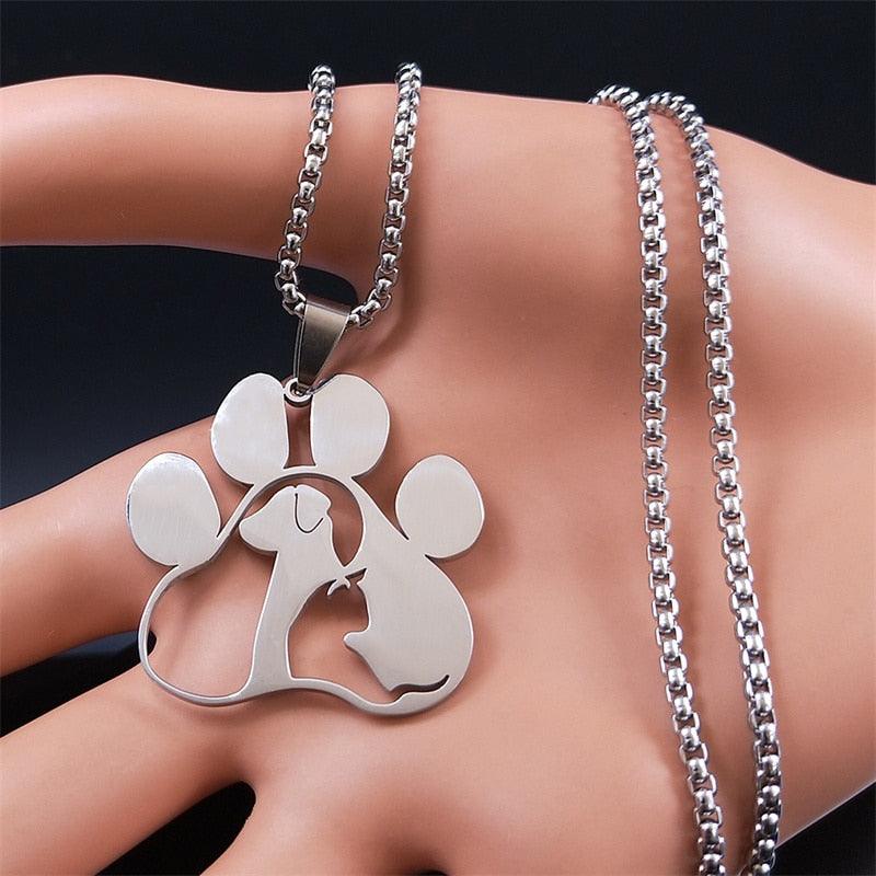 Cat &amp; Dog in Paw Stainless Steel Necklace Silver/Gold/Black - Just Cats - Gifts for Cat Lovers
