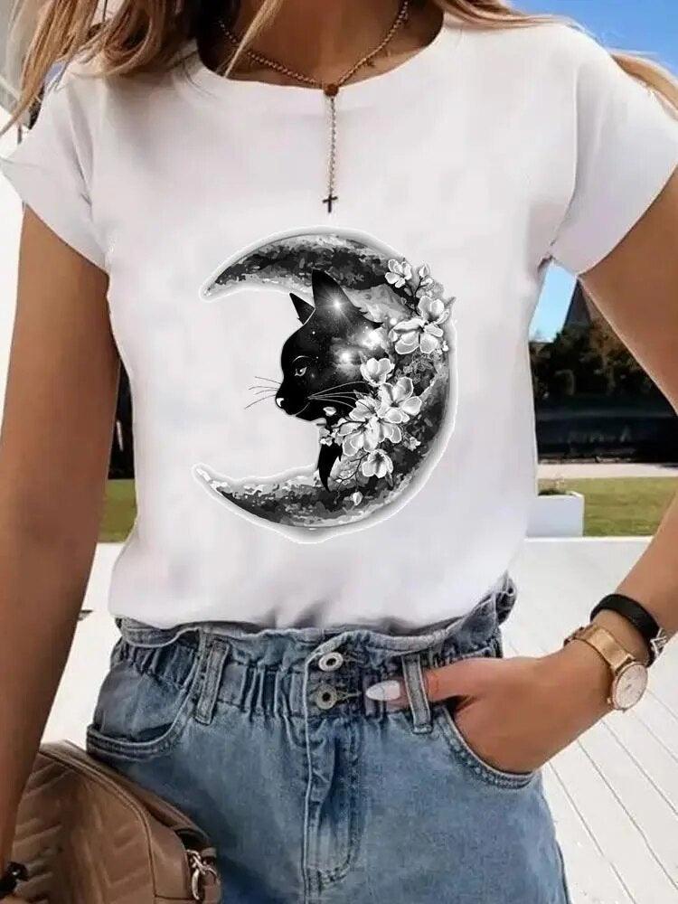 Cat and Moon Printed T-Shirt, White, 6 Designs, S-4XL - Just Cats - Gifts for Cat Lovers