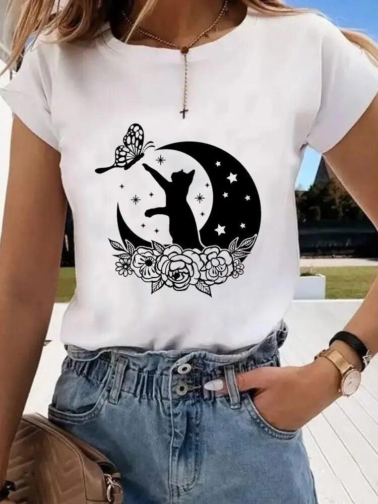 Cat and Moon Printed T-Shirt, White, 6 Designs, S-4XL - Just Cats - Gifts for Cat Lovers