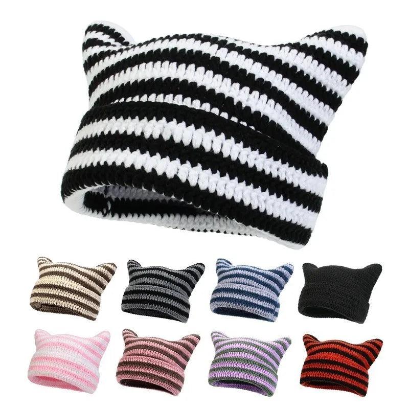 Cat Ears Striped Winter Knit Hat, 7 Colors - Just Cats - Gifts for Cat Lovers