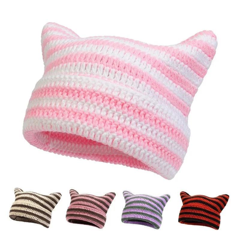 Cat Ears Striped Winter Knit Hat, 7 Colors - Just Cats - Gifts for Cat Lovers