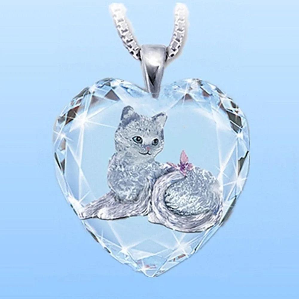 Cat in Heart-Shaped Crystal Pendant Necklace - Just Cats - Gifts for Cat Lovers