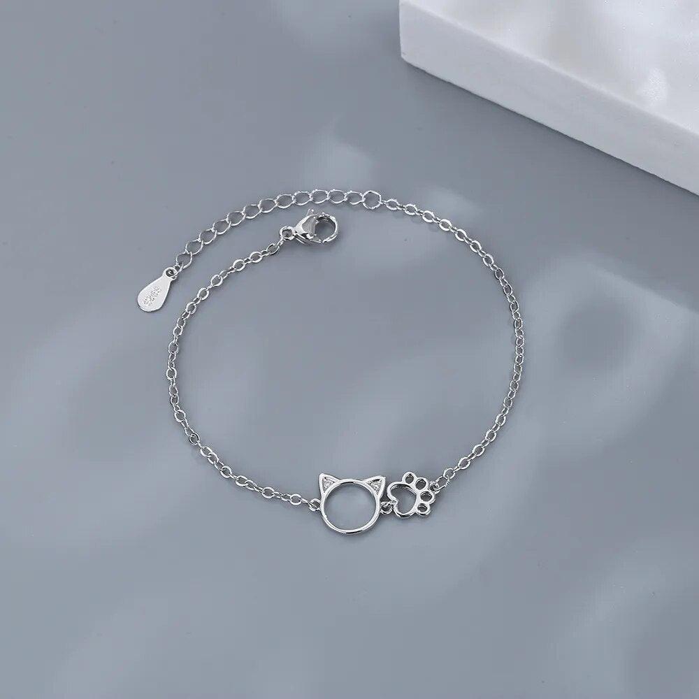 Cat Paw and Head Chain Bracelet, Silver - Just Cats - Gifts for Cat Lovers