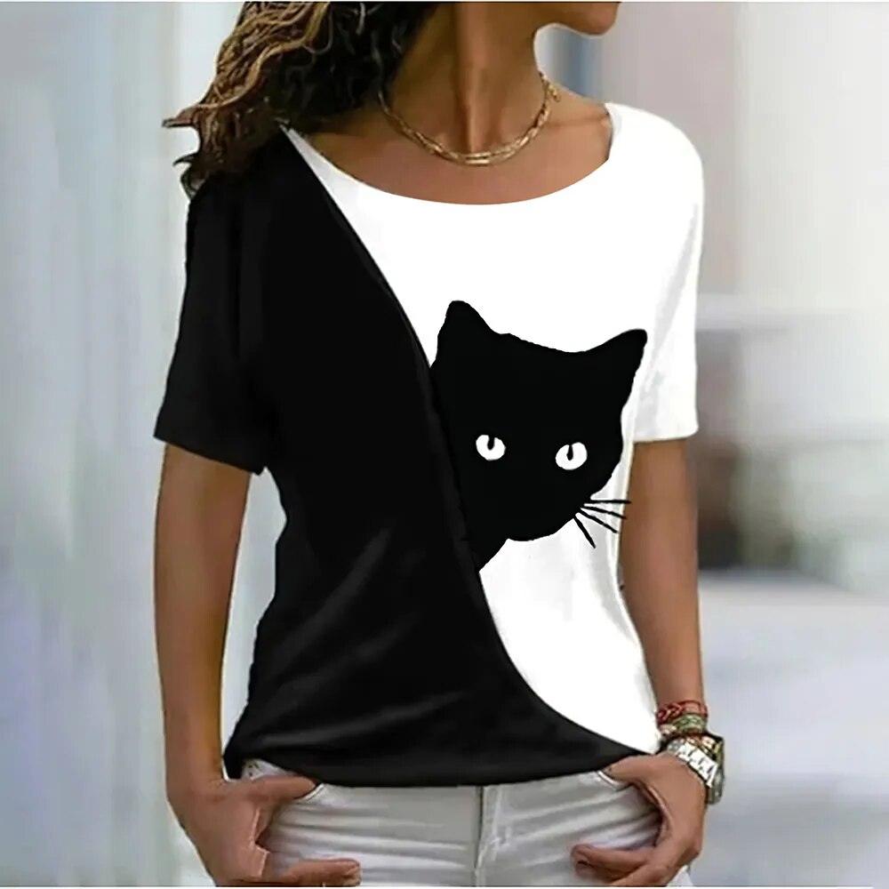 Cat Peeking 2-Colored O Neck T-shirt/Blouse , 11 Colors, S-4XL - Just Cats - Gifts for Cat Lovers