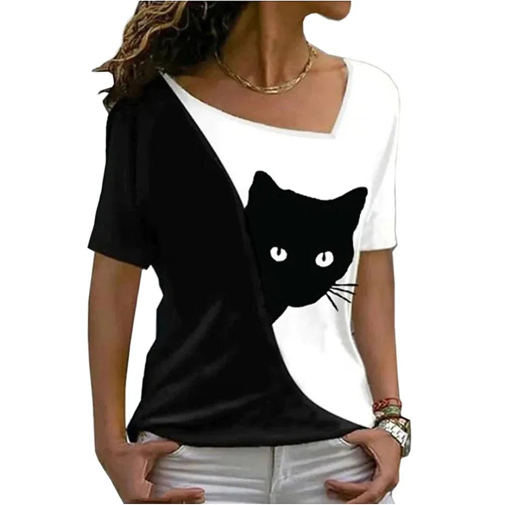 Cat Peeking 2-Colored V Neck T-shirt/Blouse, 9 Colors, S-5XL - Just Cats - Gifts for Cat Lovers