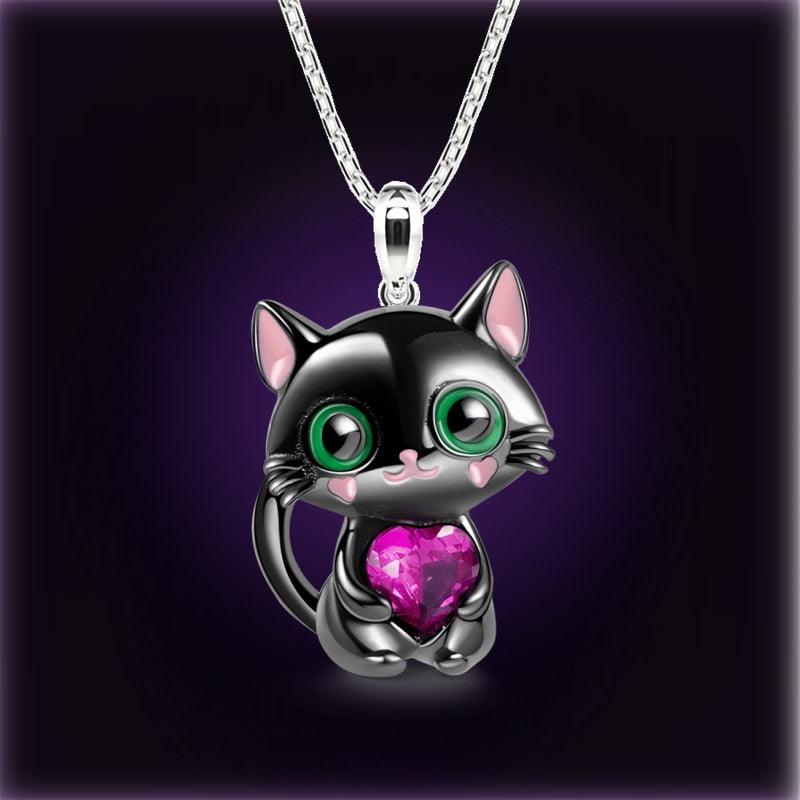 Cat pendant Necklace with Heart-Shaped Crystal - Just Cats - Gifts for Cat Lovers