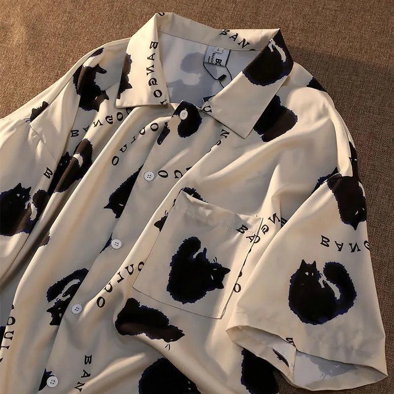 Cat Print Button Shirt, Black &amp; White, 2 variations, M-2XL - Just Cats - Gifts for Cat Lovers