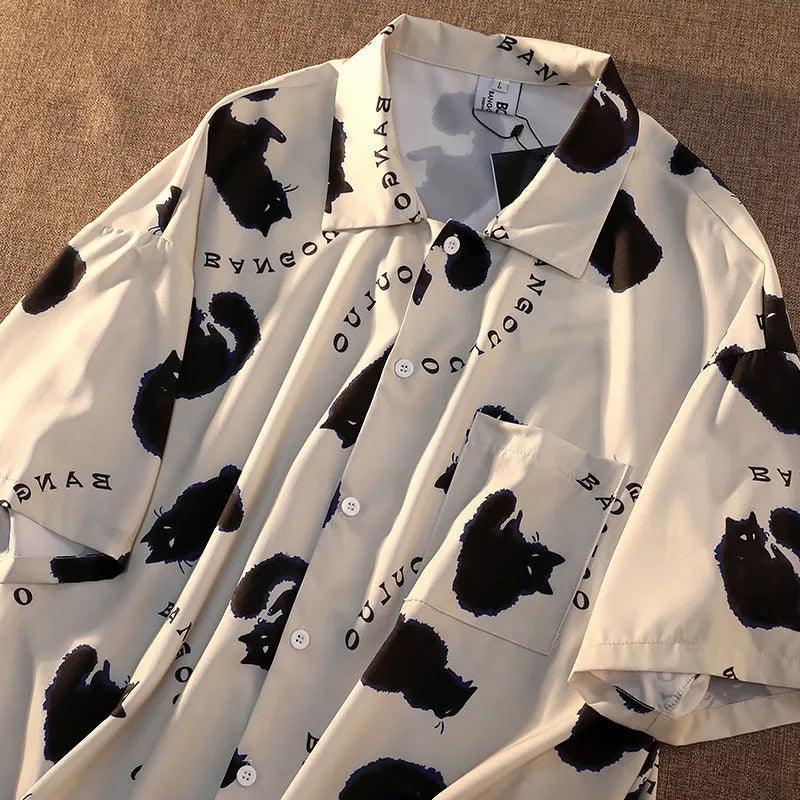 Cat Print Button Shirt, Black &amp; White, 2 variations, M-2XL - Just Cats - Gifts for Cat Lovers